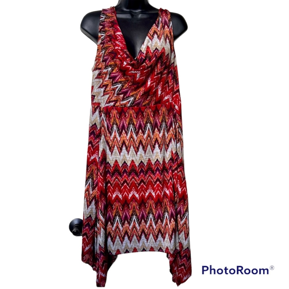 Corey P red/orange asymmetrical southwestern dress Sz Large cowl neckline